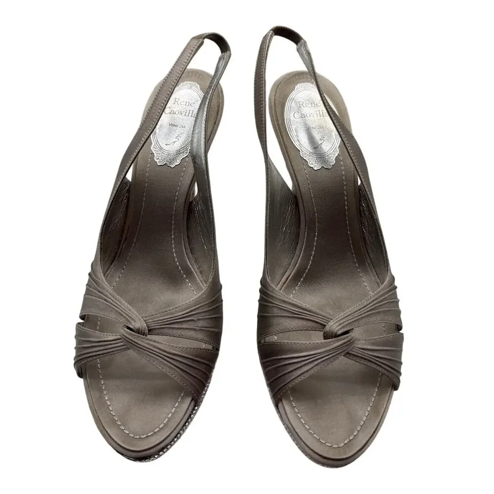 Rene Caovilla Arso Grigio Platform Slingback Heels in Silver Champagne Size 39